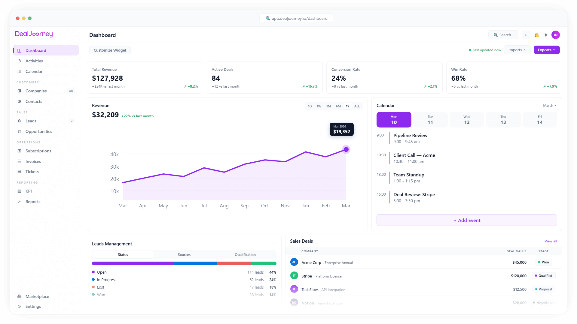 DealJourney CRM dashboard showing revenue, active deals, pipeline and an upcoming-events calendar