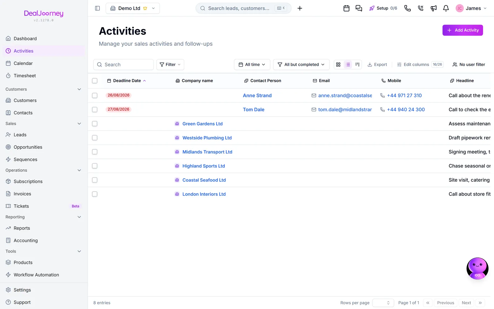 The Activities page in DealJourney