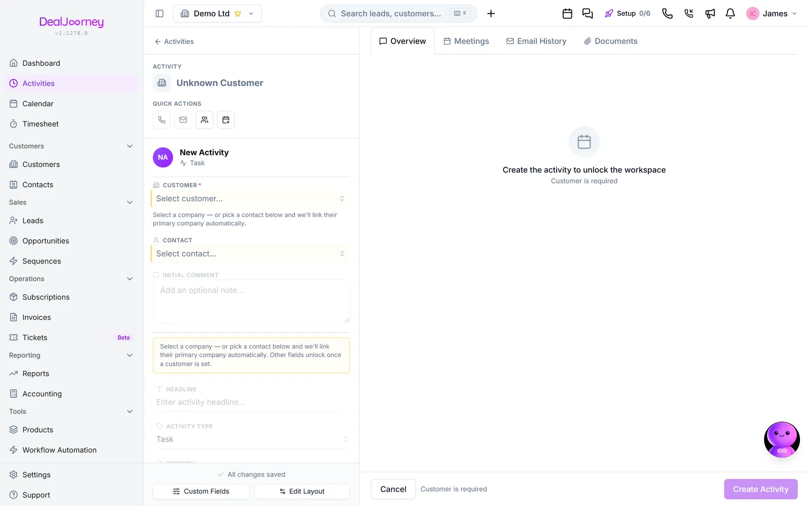 The new activity form. Link it to a record here and it lands on that record's timeline.