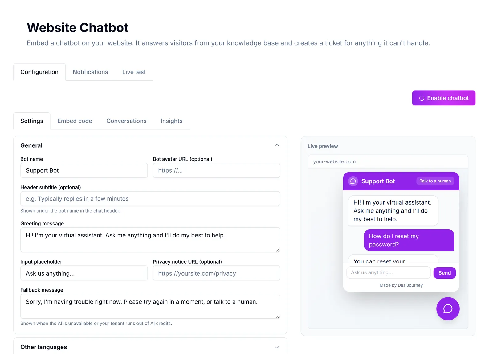 The Website chatbot page.