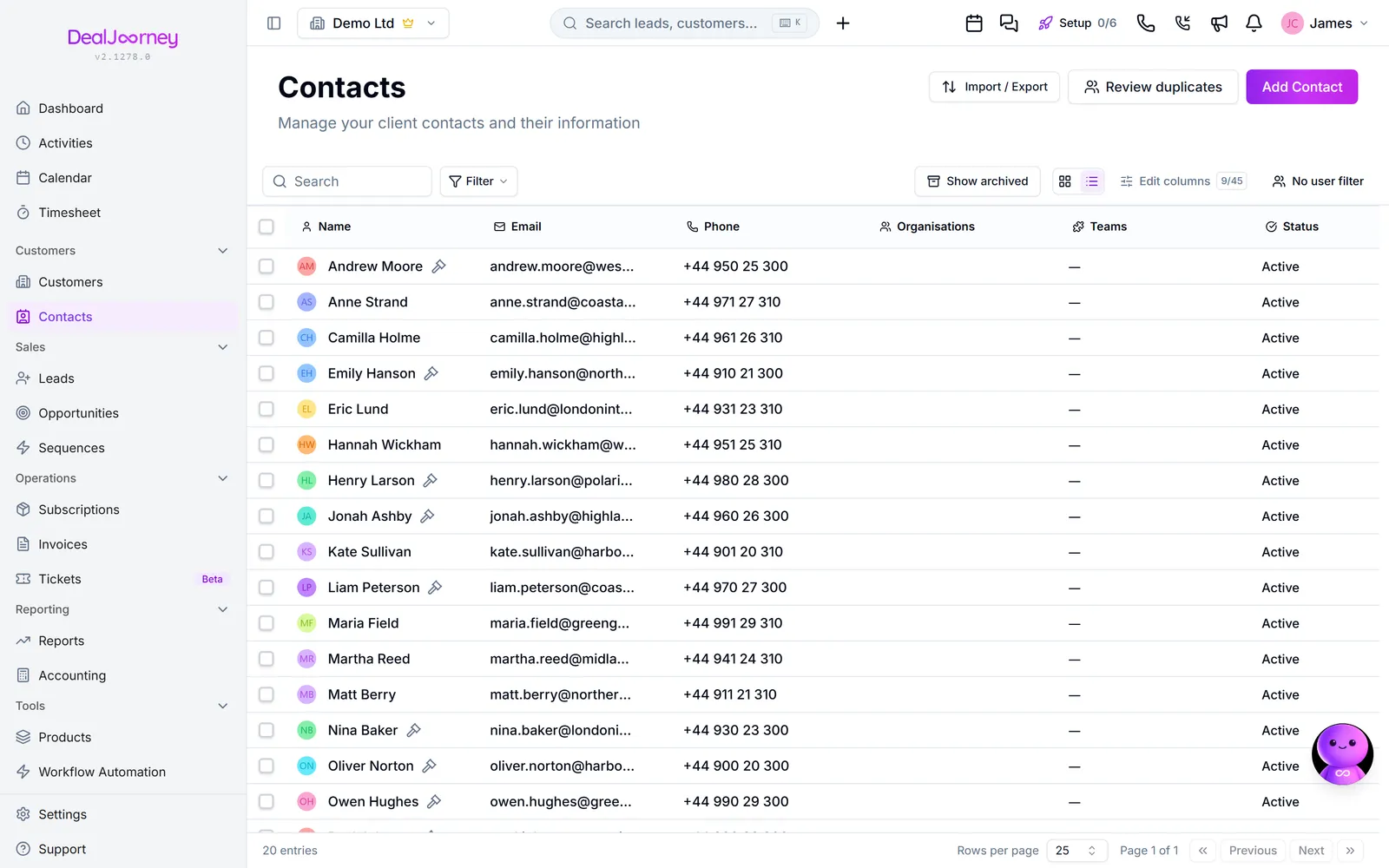 The Contacts page in DealJourney