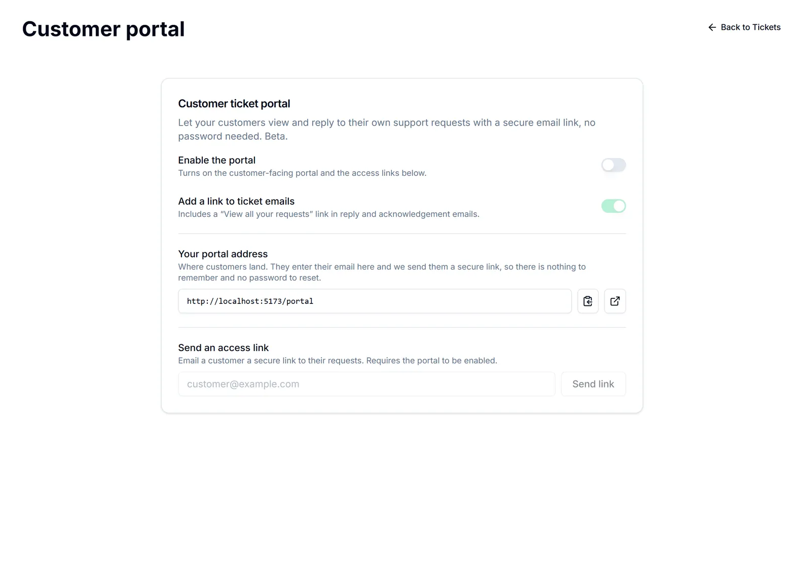The Customer ticket portal page.