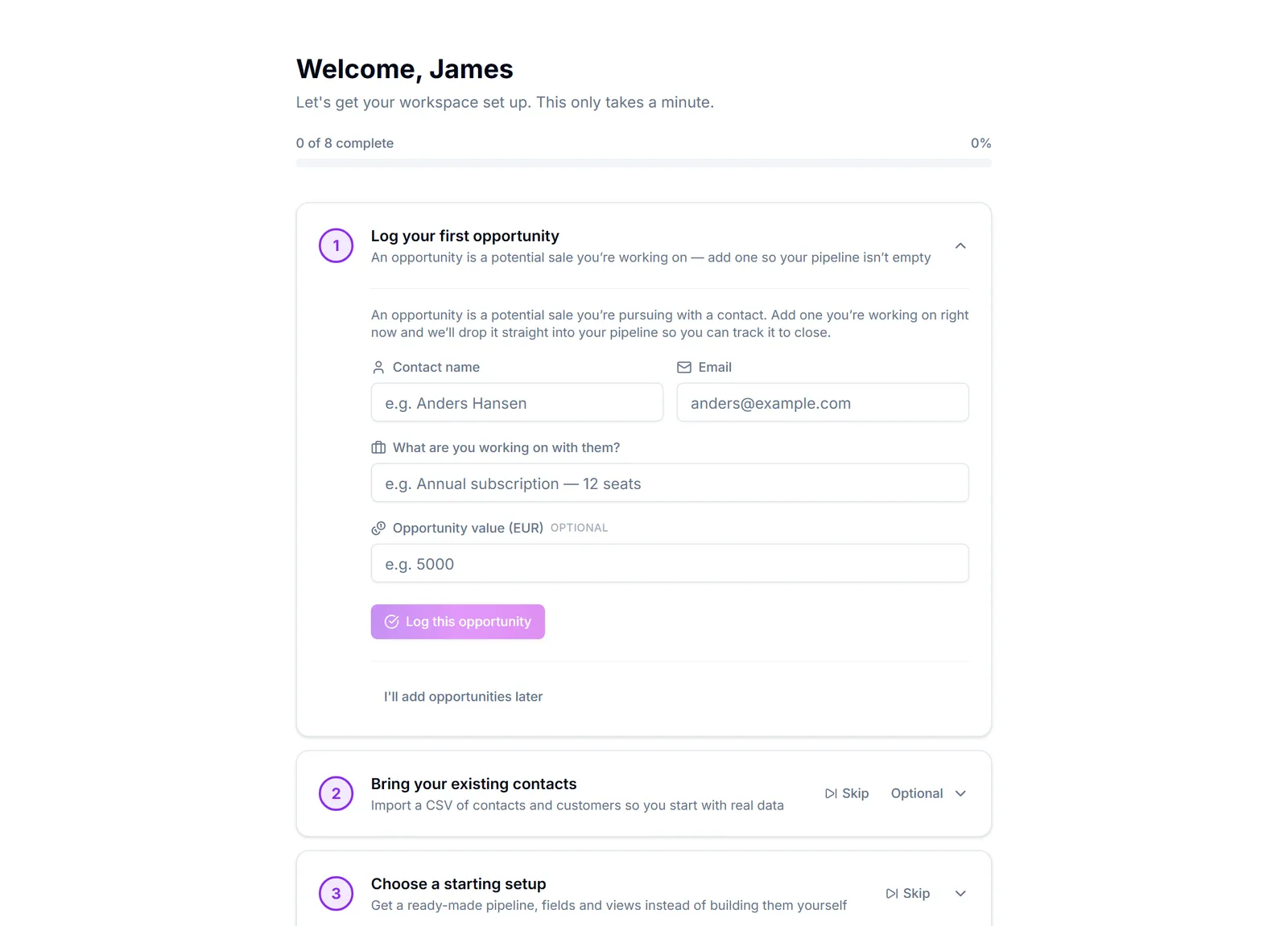 The Setting up a new workspace page.