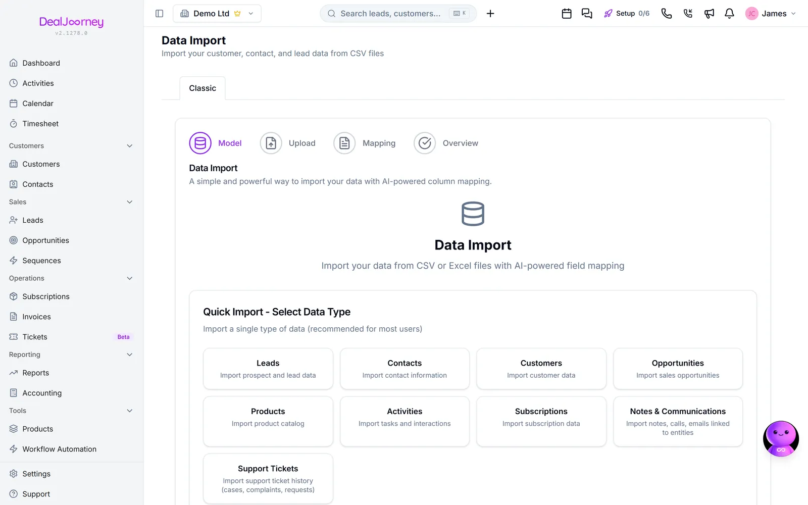 The Importing data page in DealJourney