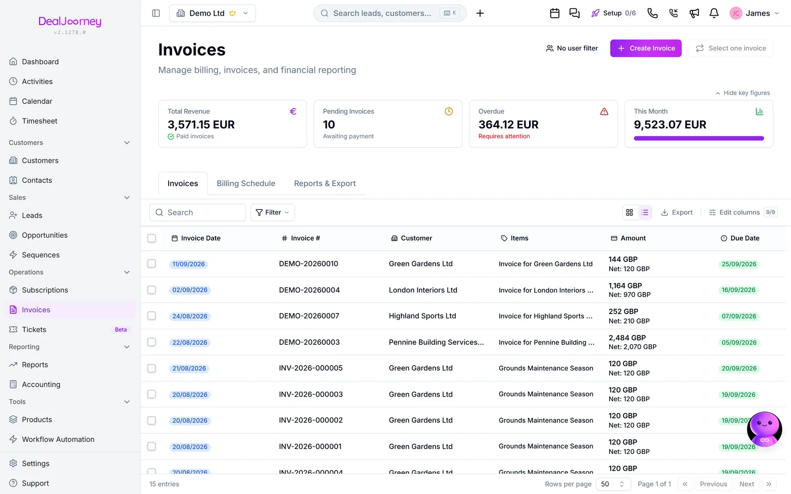 The Invoices page in DealJourney