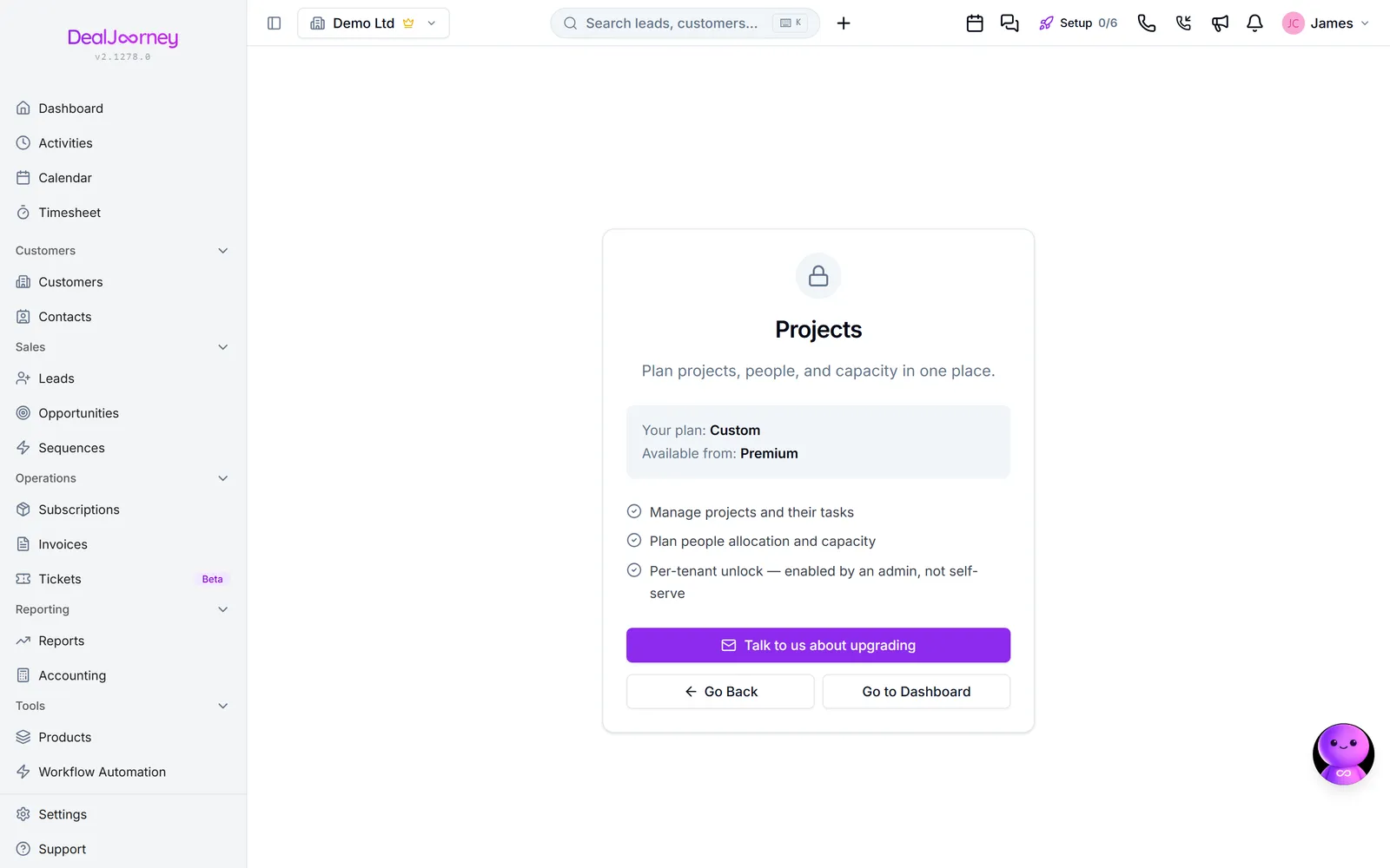 The Projects page in DealJourney