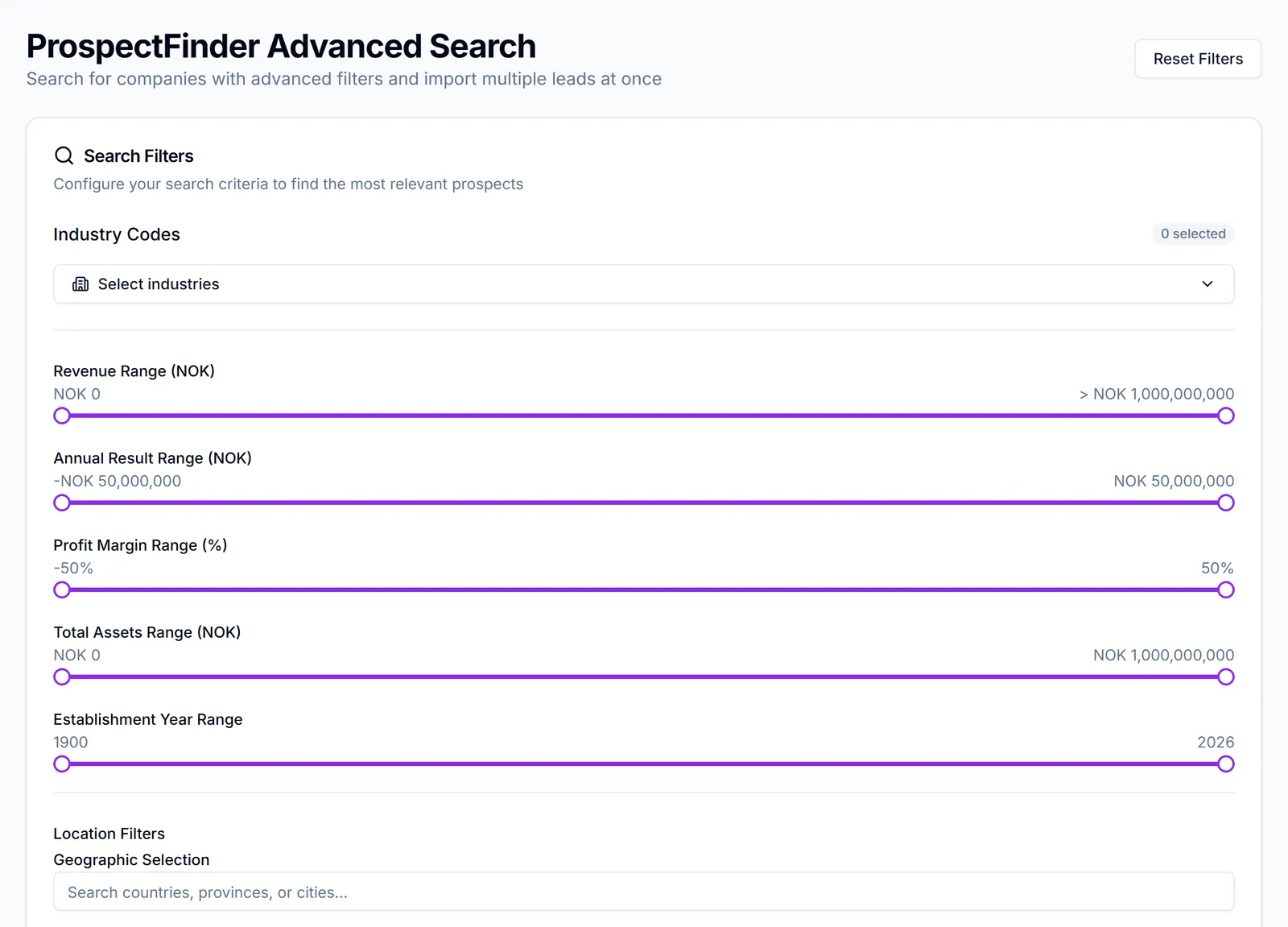 The Finding new companies page.