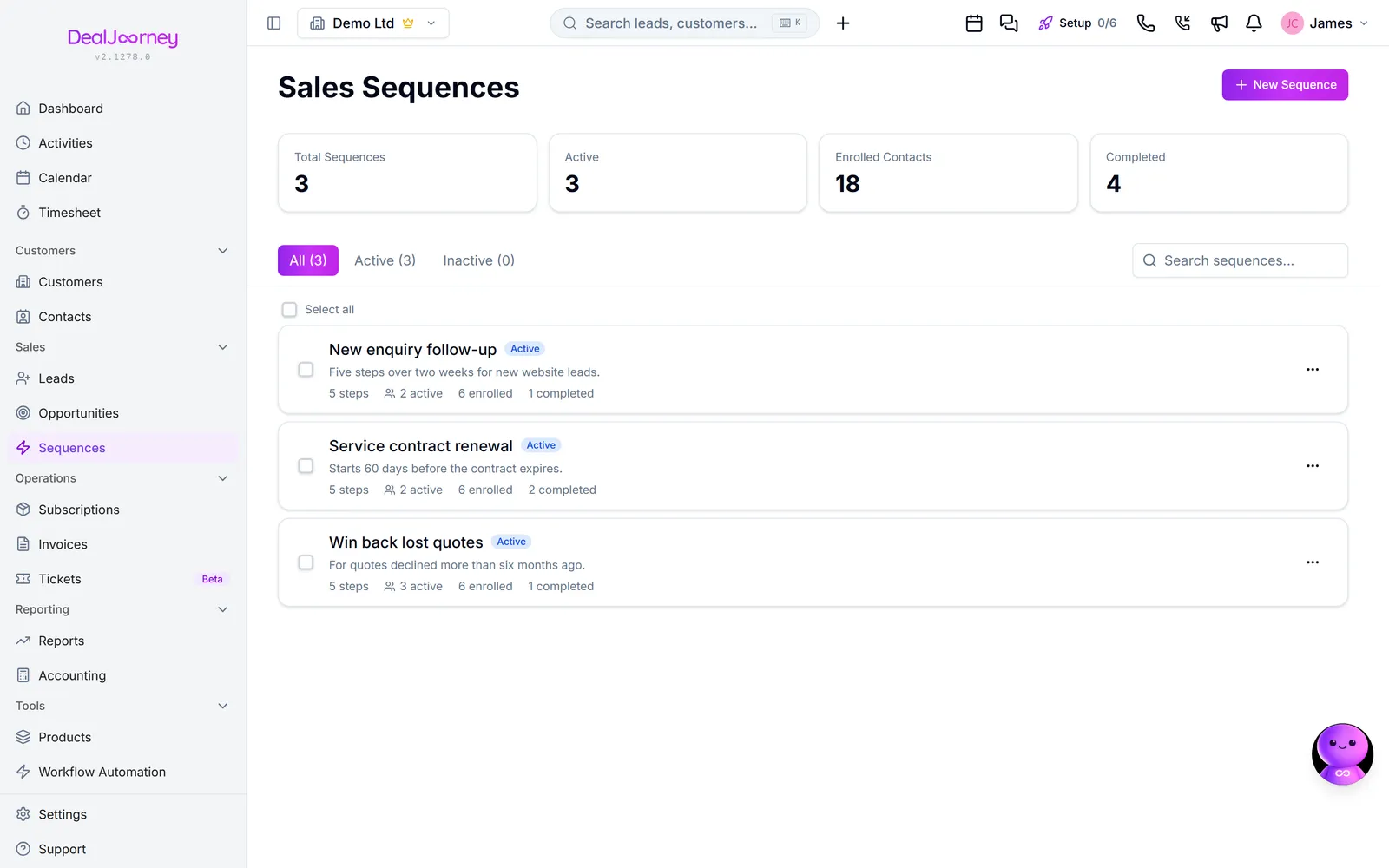 The Sales sequences page in DealJourney