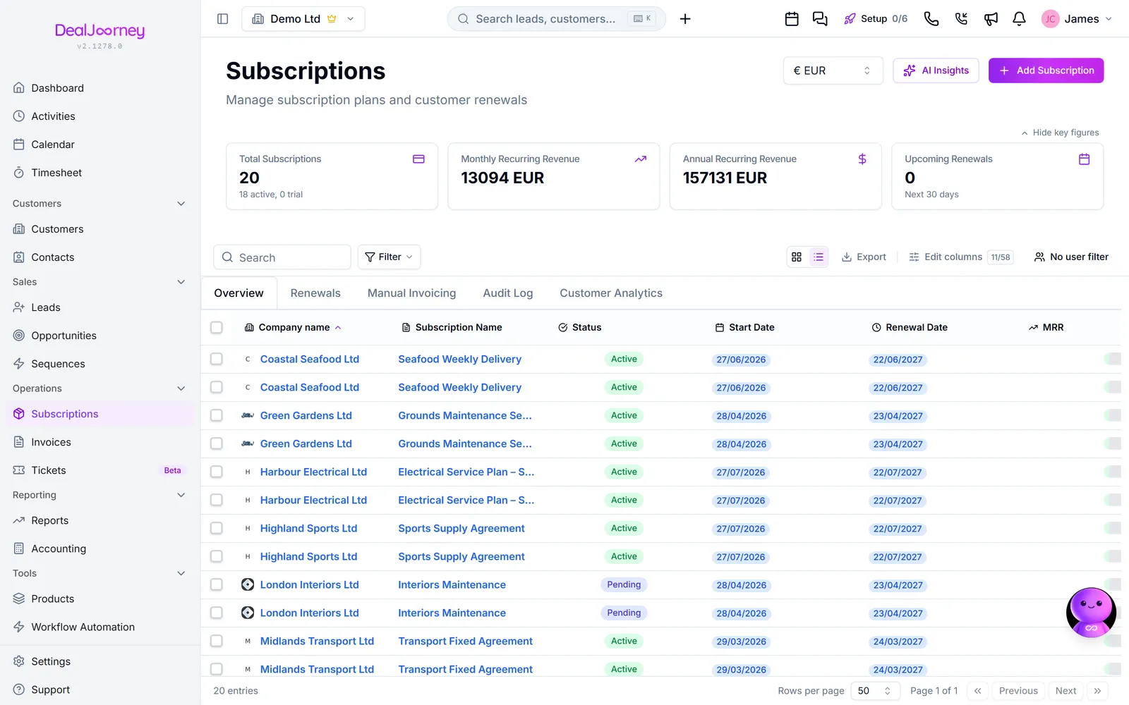The Subscriptions page in DealJourney
