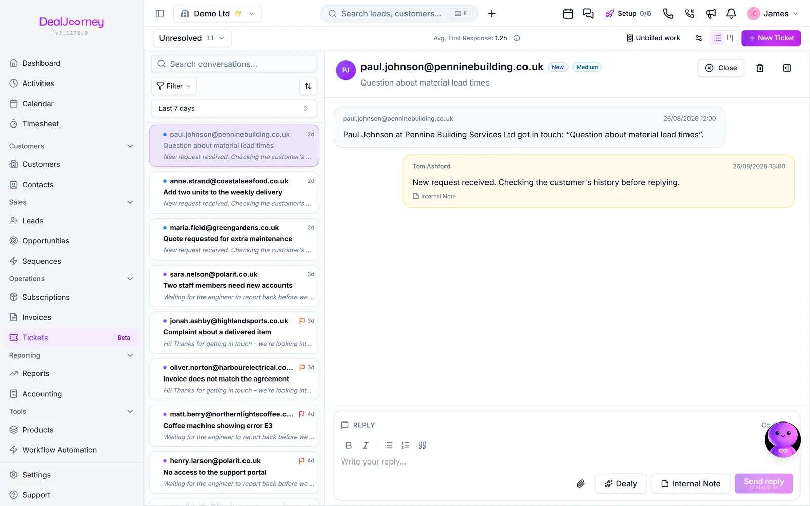The Tickets (support inbox) page in DealJourney
